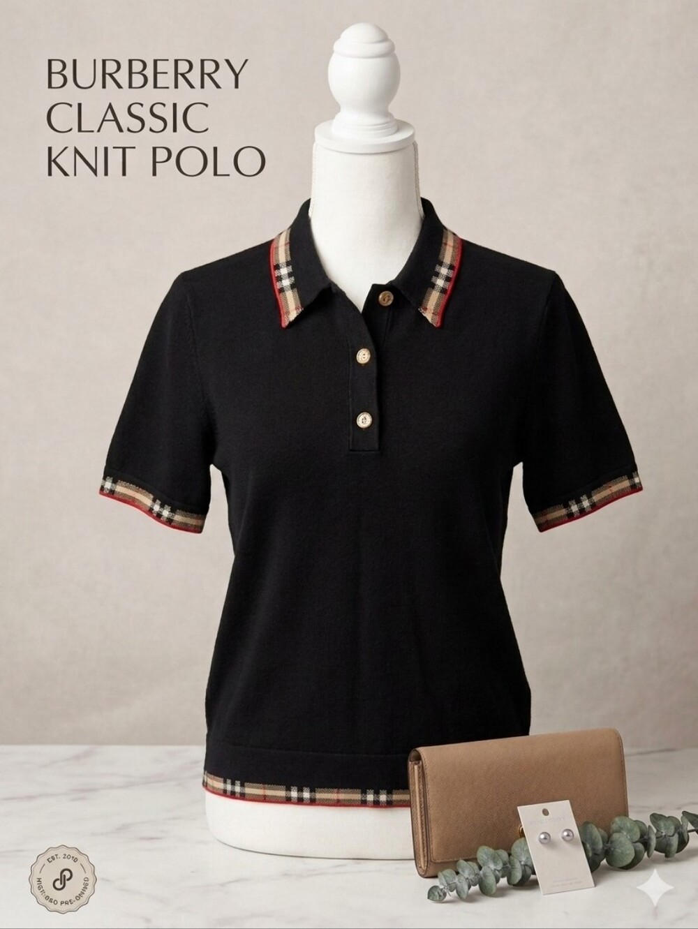 Burberry Black Lola Knit Polo Shirt with Check Trim